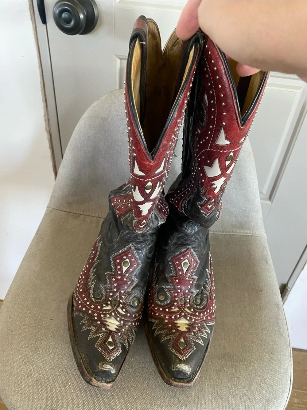 Corral Red and Black Studded Embroidered Lace-Up Western Boots- 9.5 Womens - Picture 1 of 4